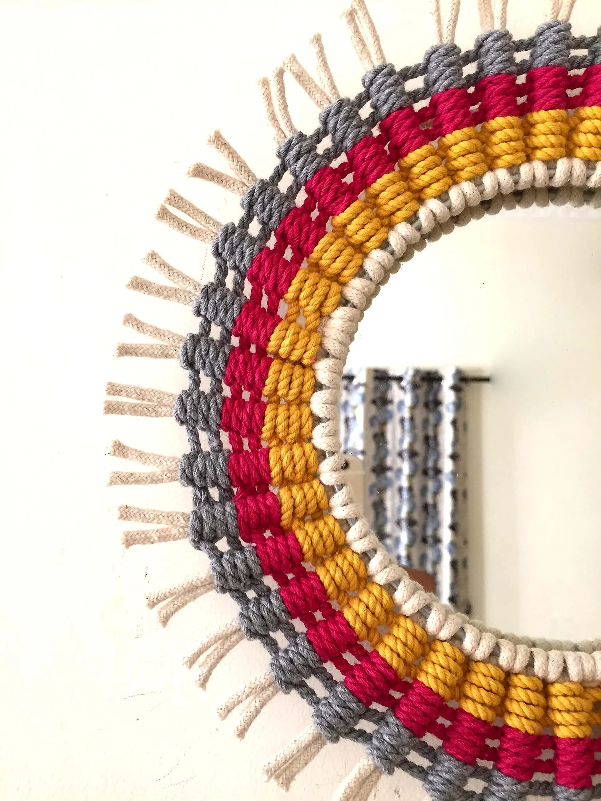 Hasta Kaushal The Circles Macrame Cotton Wall Mirror (Magenta) 12 Inch
