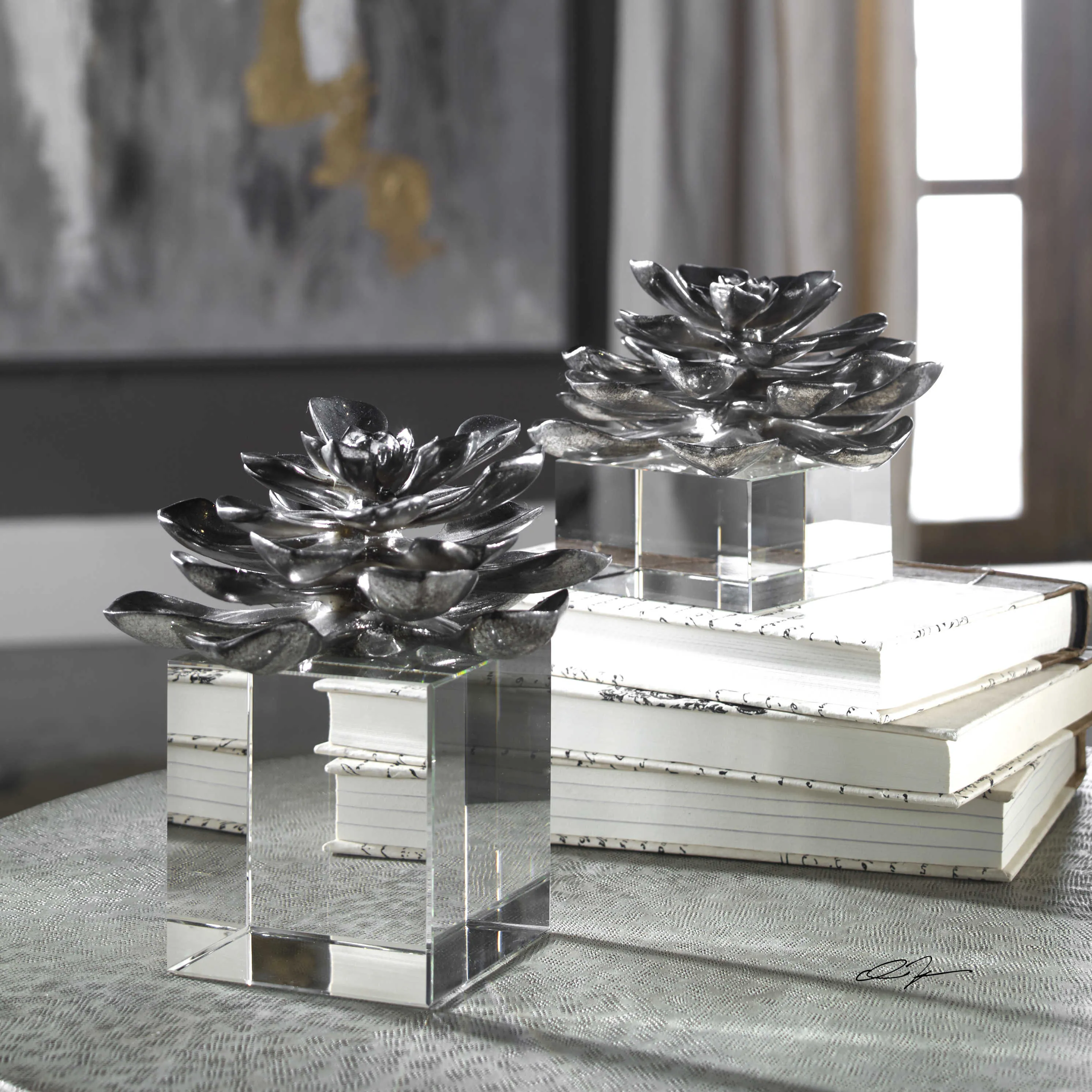 Indian Lotus Metallic Silver Flowers S/2