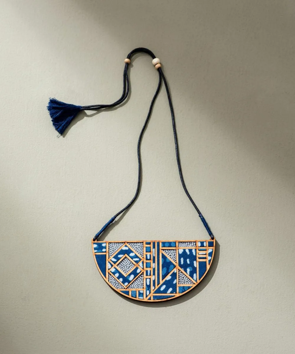 Indigo upcycled fabric repurposed wood maze necklace