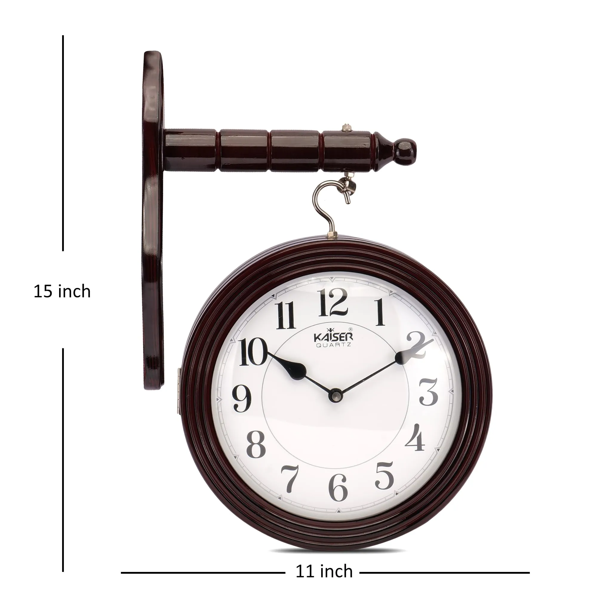 KAISER 15 Inch Quartz Dual Wall Clock - Soft Ticking Decorative Wooden Analog Clock for Home & Office (Rosewood)