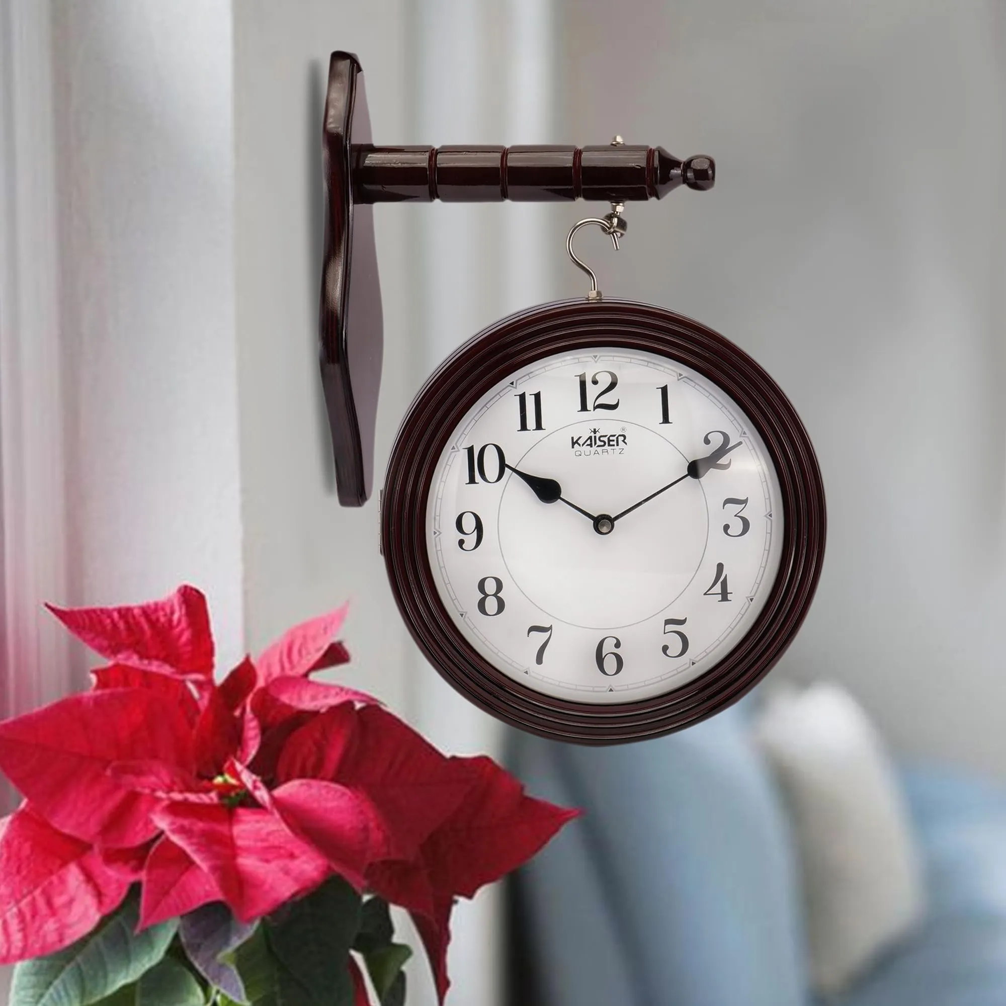 KAISER 15 Inch Quartz Dual Wall Clock - Soft Ticking Decorative Wooden Analog Clock for Home & Office (Rosewood)