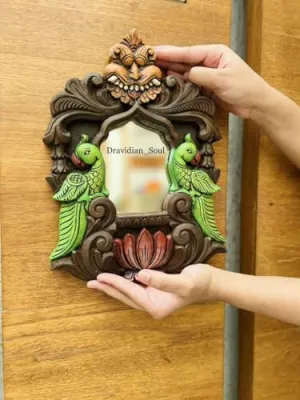 KGN Handicraft Yazhi/Yali with Parrots Wooden Wall Décor Mirror-Handcarved & Handpainted- Orange Shade