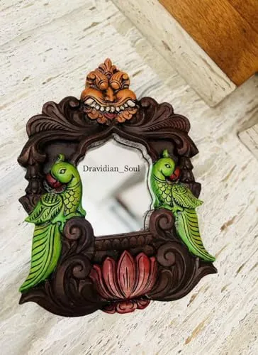 KGN Handicraft Yazhi/Yali with Parrots Wooden Wall Décor Mirror-Handcarved & Handpainted- Orange Shade