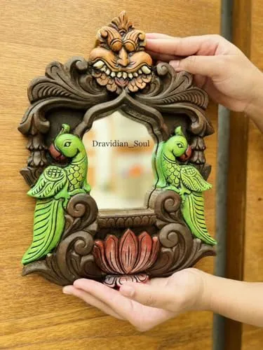 KGN Handicraft Yazhi/Yali with Parrots Wooden Wall Décor Mirror-Handcarved & Handpainted- Orange Shade
