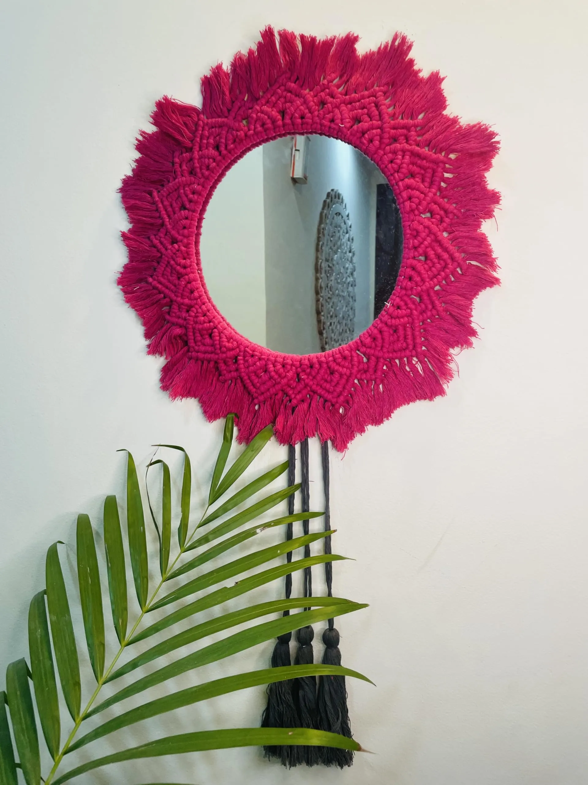 Kynox Macrame Wall Hanging Mirror, Handmade Make Up Aaina for Home Decoration, Gifts, Living Room, Bedroom Décor (Pink)