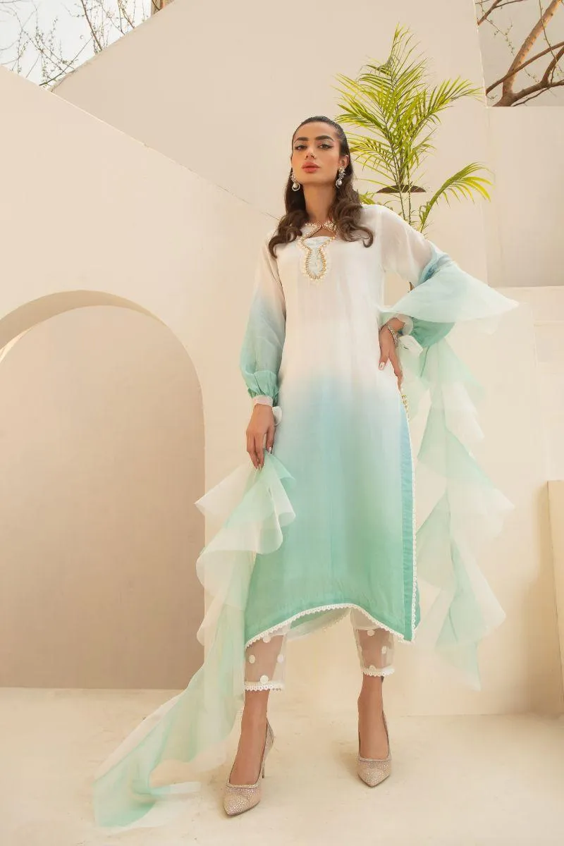 Leon - ELENA - Tissue Silk - White, Aqua & Sea Green