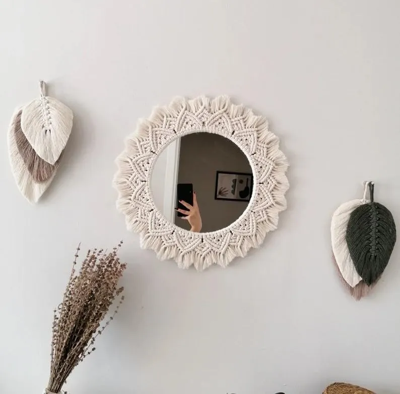 Macrame Wall Hanging Mirror Cotton and Iron Rod Handicraft Mirror for Your Home Decor