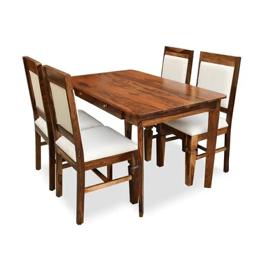 MAHIMART & HANDICRAFTS Solid Sheesham Wood 4 Seater Dining Table with 4 Chair | Wooden 4 Seater Dining Table Set with Drawer Storage Honey Finish