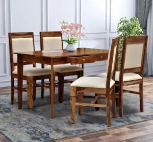 MAHIMART & HANDICRAFTS Solid Sheesham Wood 4 Seater Dining Table with 4 Chair | Wooden 4 Seater Dining Table Set with Drawer Storage Honey Finish