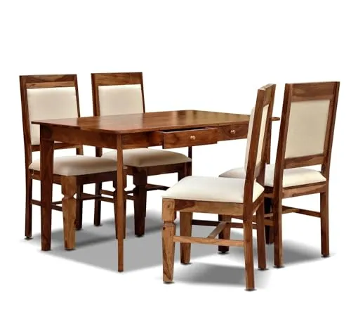 MAHIMART & HANDICRAFTS Solid Sheesham Wood 4 Seater Dining Table with 4 Chair | Wooden 4 Seater Dining Table Set with Drawer Storage Honey Finish