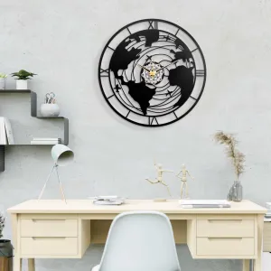 METSY Metal Wall Clock World Map Design | Metal Wall Art Clock Decor for Living Room | Wall Hangings for Home Decoration | Size: 44.5x44.5 cm | Laser Cutting & Black Powder Coated