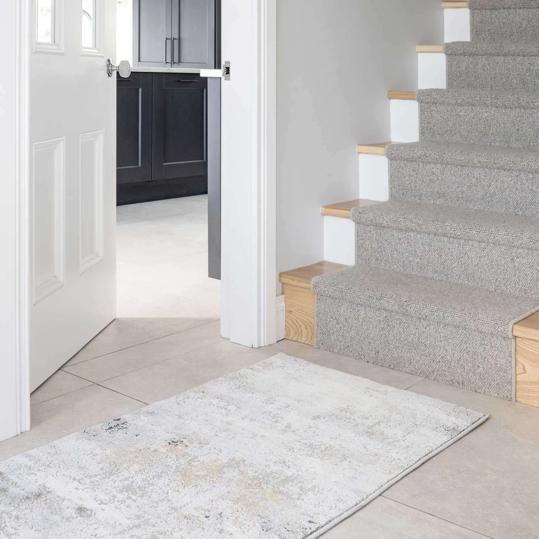 Modern Soft Grey Gold Distressed Abstract Hall Runner Rug