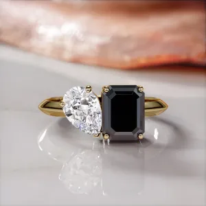 Neptune'S Moons -   Two Stone  Natural Black Diamond Emerald Cut Engagement Ring  in Yellow Gold