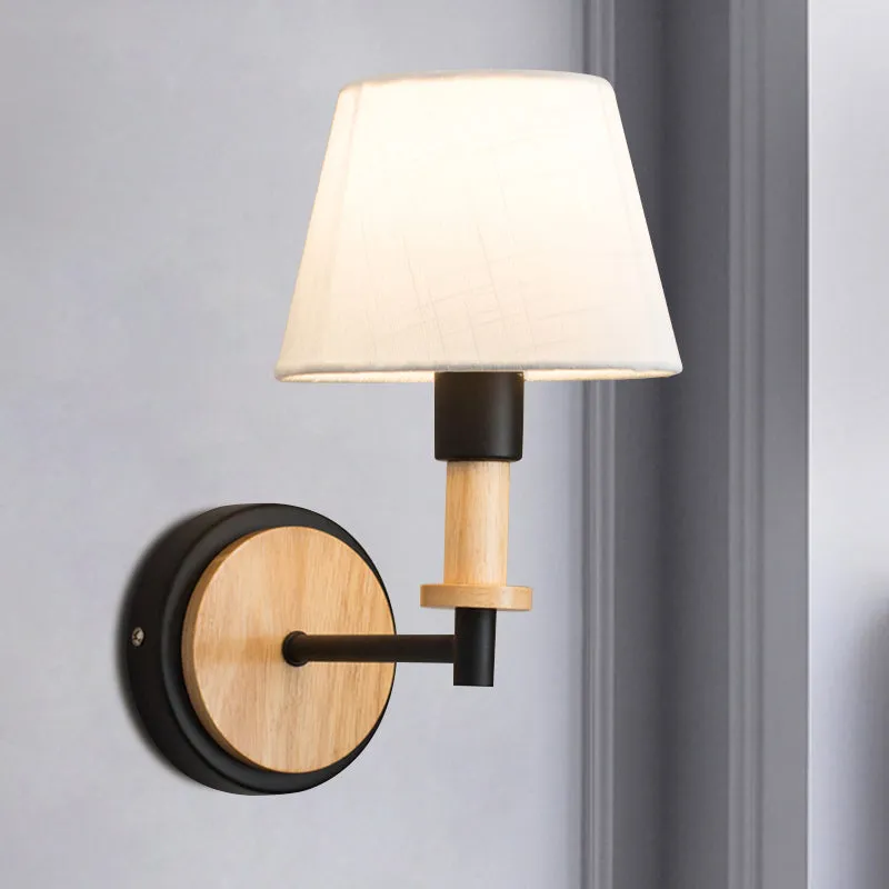 Nordic Conical Fabric Wall Mount Light with Right Angled Arm - 1-Bulb Black/White Wall Lamp, White/Beige Light