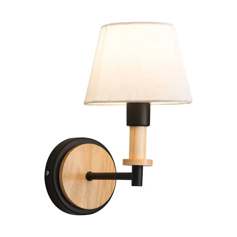 Nordic Conical Fabric Wall Mount Light with Right Angled Arm - 1-Bulb Black/White Wall Lamp, White/Beige Light
