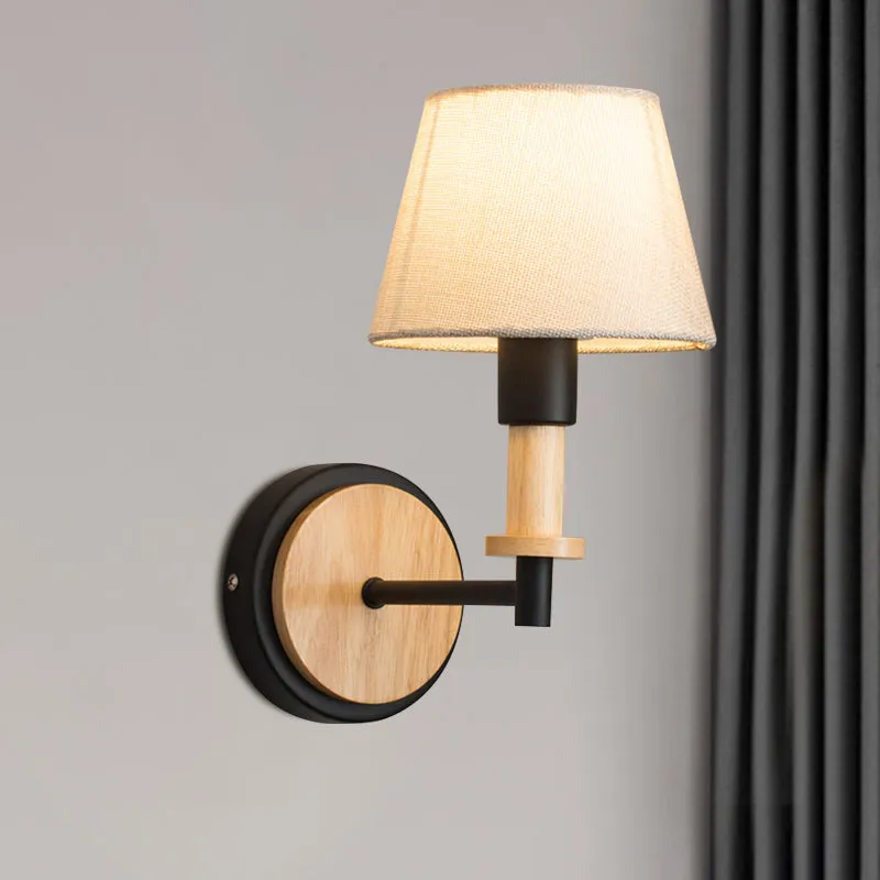 Nordic Conical Fabric Wall Mount Light with Right Angled Arm - 1-Bulb Black/White Wall Lamp, White/Beige Light