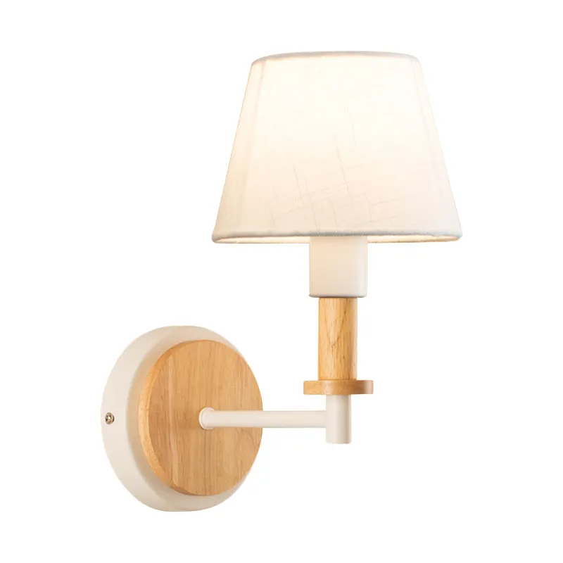 Nordic Conical Fabric Wall Mount Light with Right Angled Arm - 1-Bulb Black/White Wall Lamp, White/Beige Light