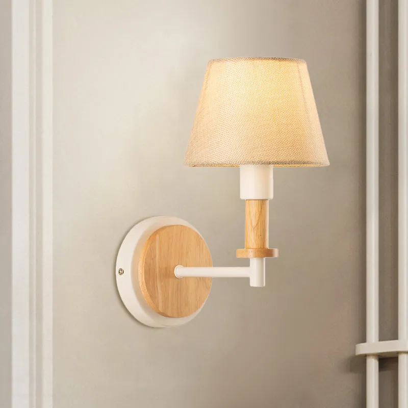Nordic Conical Fabric Wall Mount Light with Right Angled Arm - 1-Bulb Black/White Wall Lamp, White/Beige Light