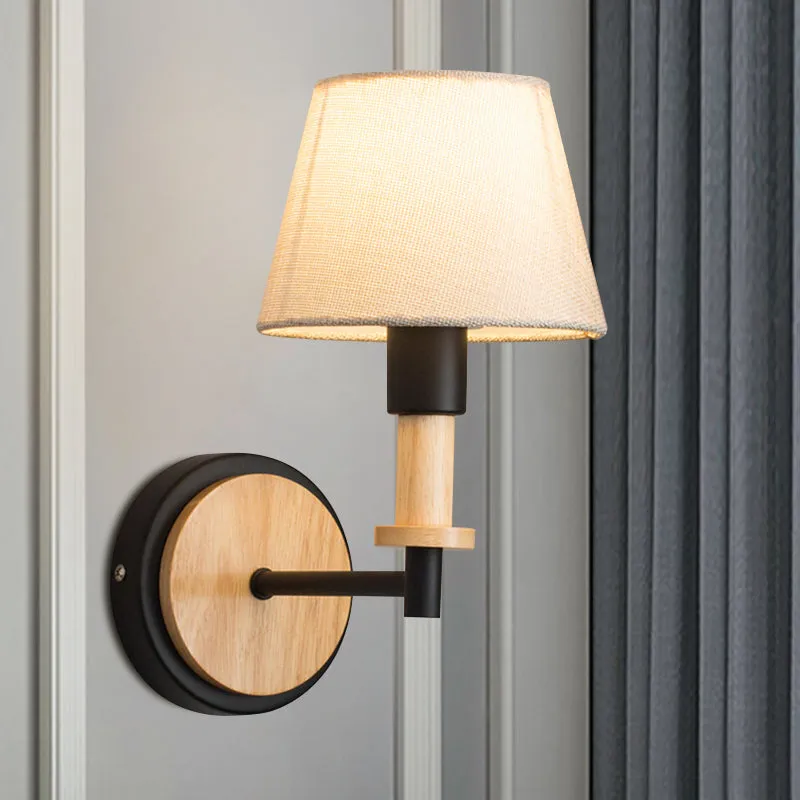 Nordic Conical Fabric Wall Mount Light with Right Angled Arm - 1-Bulb Black/White Wall Lamp, White/Beige Light