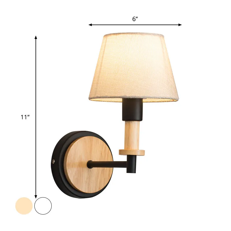 Nordic Conical Fabric Wall Mount Light with Right Angled Arm - 1-Bulb Black/White Wall Lamp, White/Beige Light