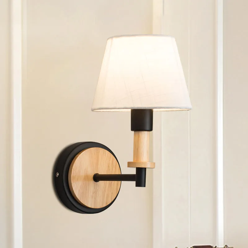 Nordic Conical Fabric Wall Mount Light with Right Angled Arm - 1-Bulb Black/White Wall Lamp, White/Beige Light
