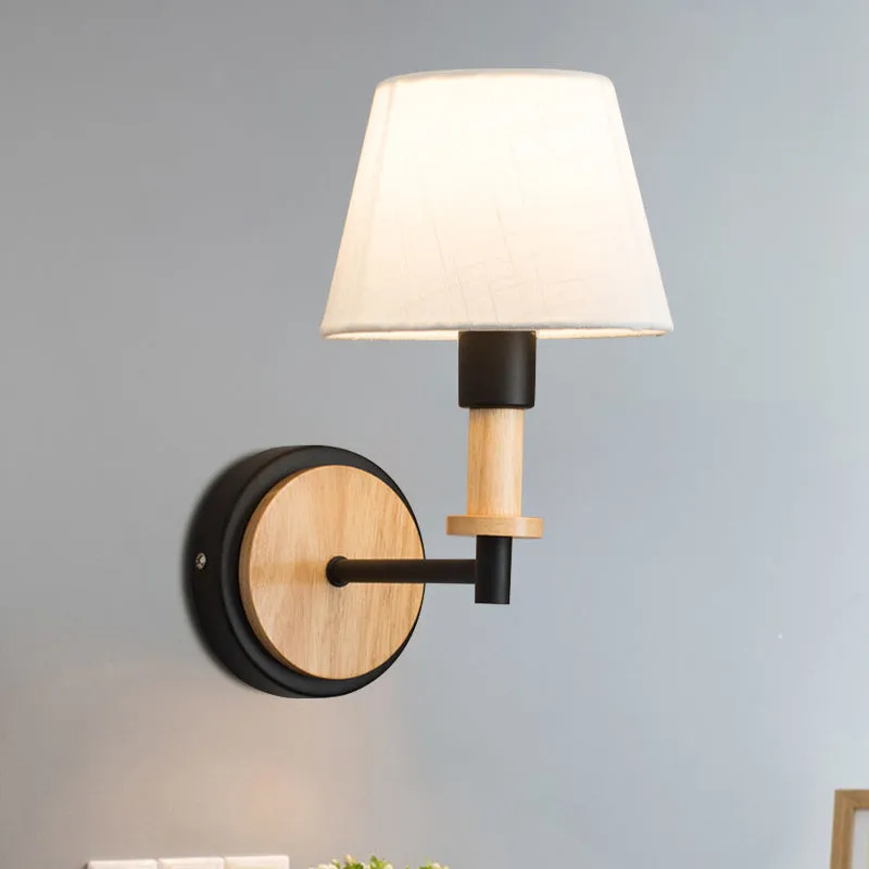 Nordic Conical Fabric Wall Mount Light with Right Angled Arm - 1-Bulb Black/White Wall Lamp, White/Beige Light