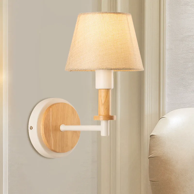 Nordic Conical Fabric Wall Mount Light with Right Angled Arm - 1-Bulb Black/White Wall Lamp, White/Beige Light