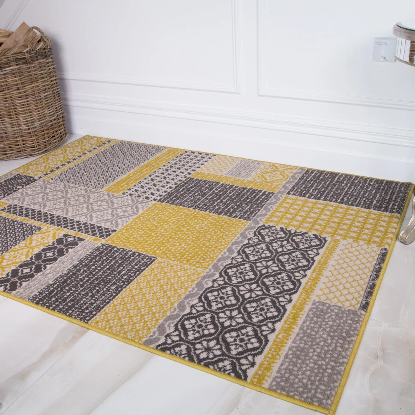 Ochre Grey Patchwork Hardwearing Rug