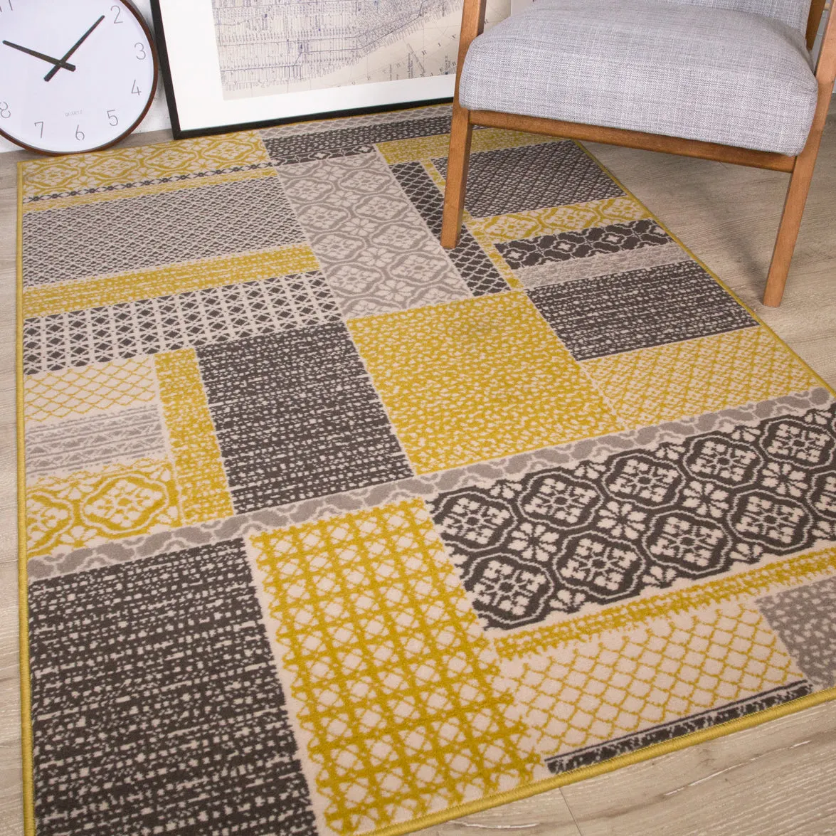 Ochre Grey Patchwork Hardwearing Rug