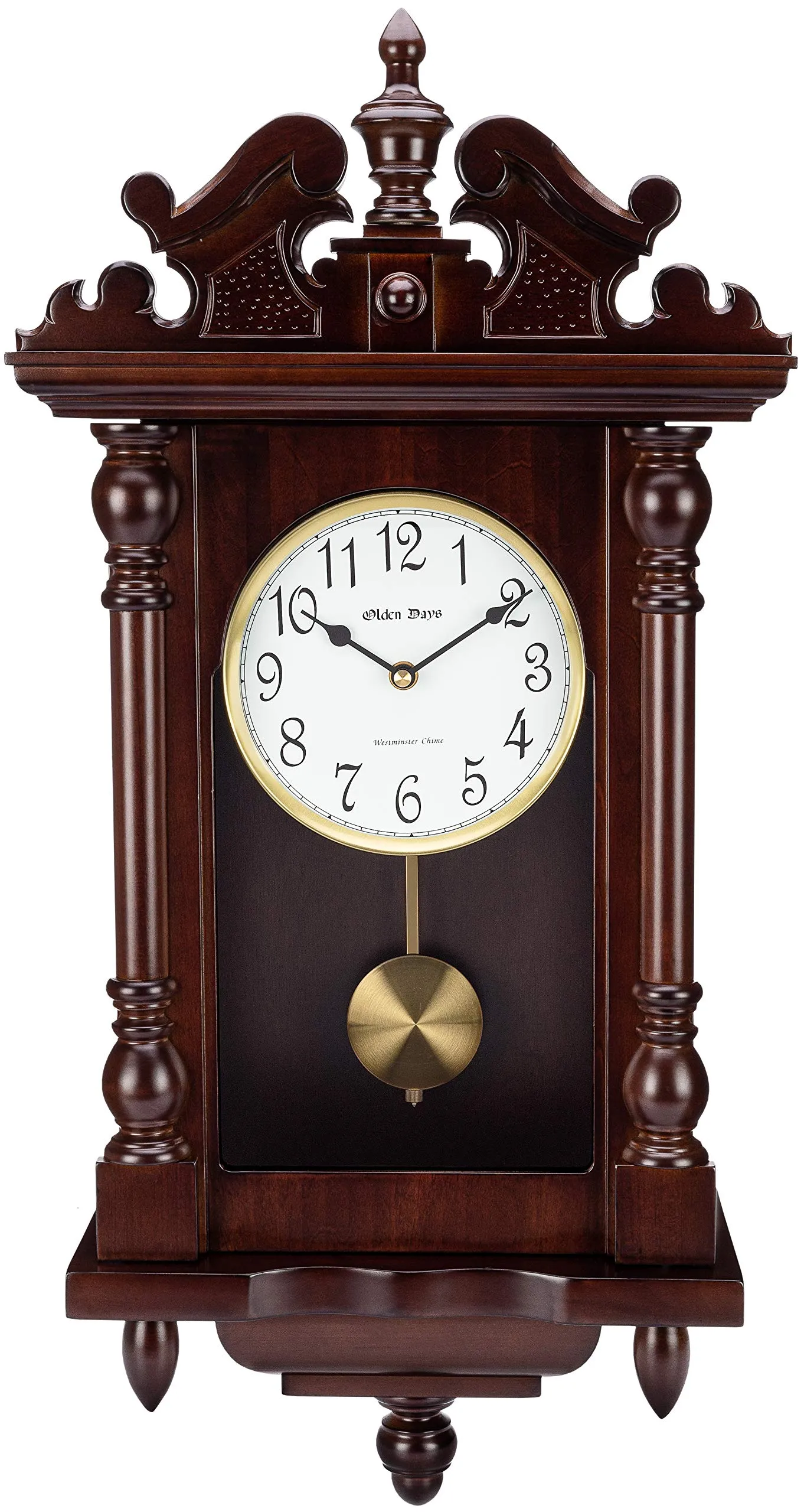 Olden Days Wall Clock with Real Wood, 4 Chime Options, Swinging Pendulum, Antique Vintage Design, 22" Large