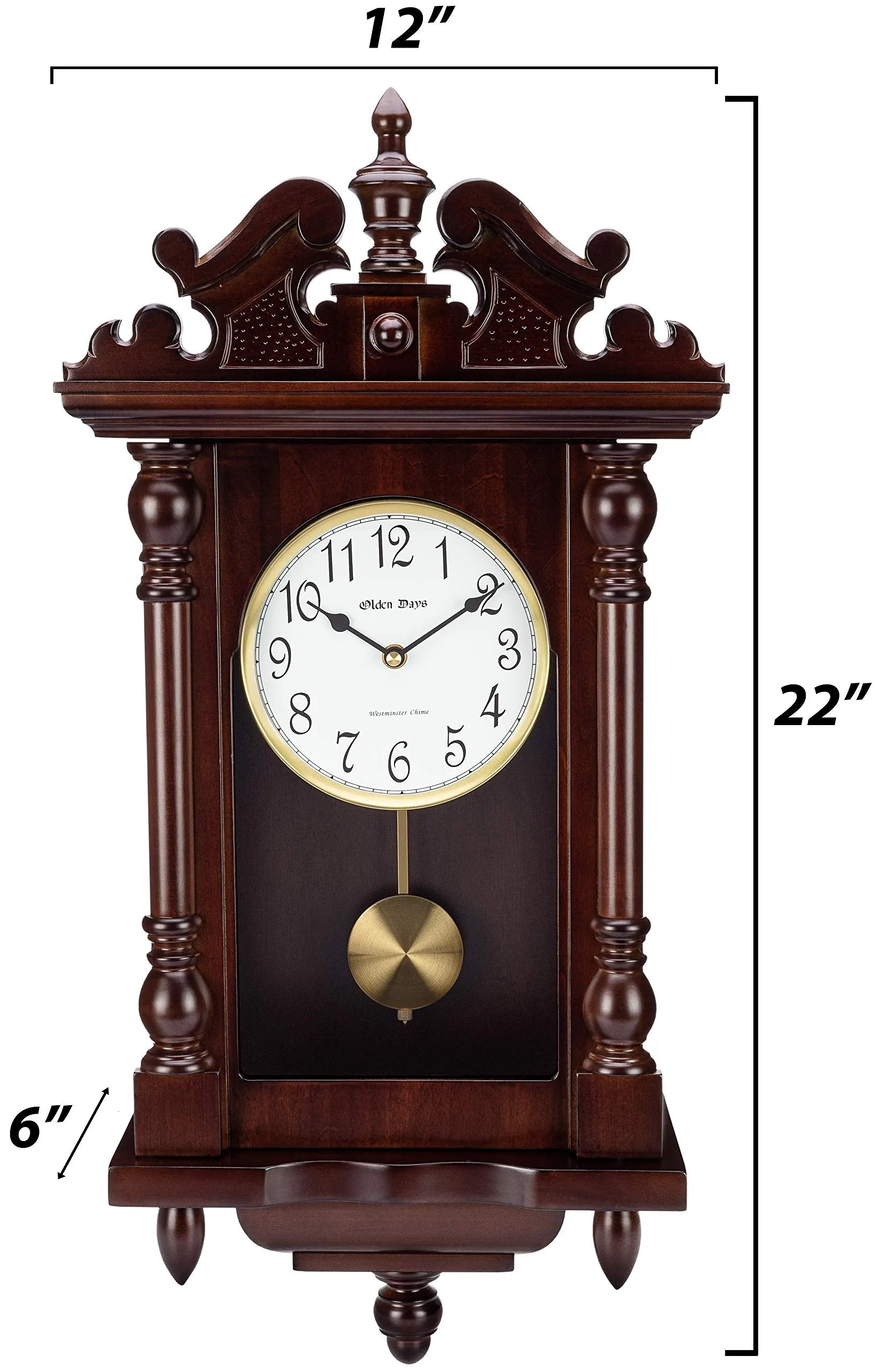 Olden Days Wall Clock with Real Wood, 4 Chime Options, Swinging Pendulum, Antique Vintage Design, 22" Large