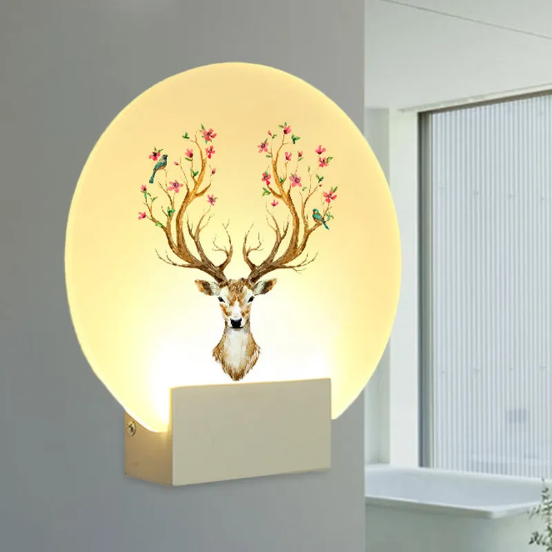 Oriental Style Circular Guest Room Elk Deer Mural LED Wall Light Fixture in White