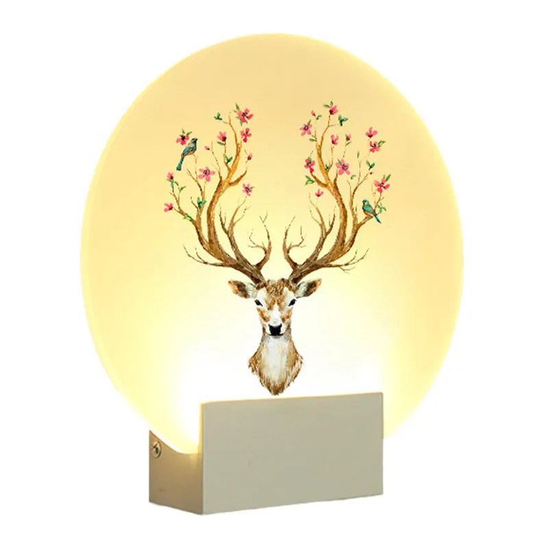 Oriental Style Circular Guest Room Elk Deer Mural LED Wall Light Fixture in White