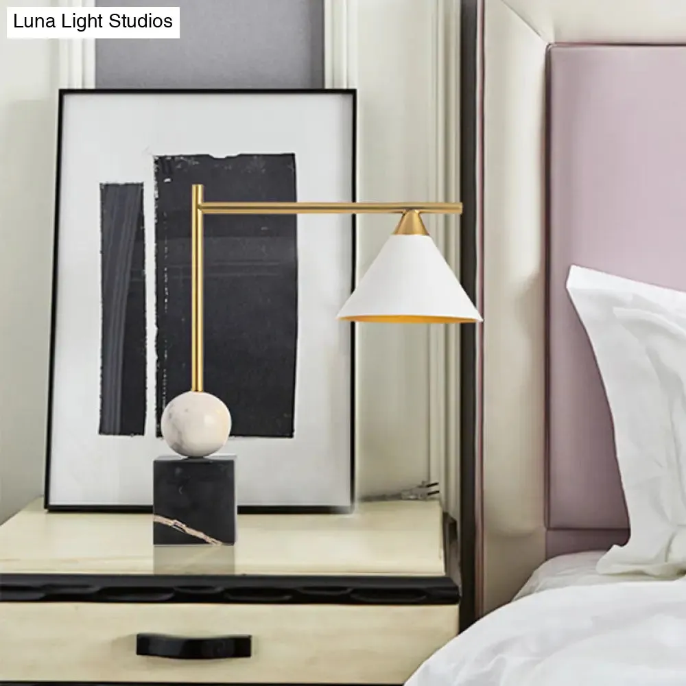 Prudence - Mid Geometric Shaped Nightstand Light Mid Century Marble 1-Light Bedroom Table Lamp in Black-White-Brass