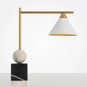 Prudence - Mid Geometric Shaped Nightstand Light Mid Century Marble 1-Light Bedroom Table Lamp in Black-White-Brass