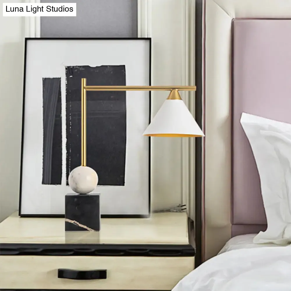 Prudence - Mid Geometric Shaped Nightstand Light Mid Century Marble 1-Light Bedroom Table Lamp in Black-White-Brass