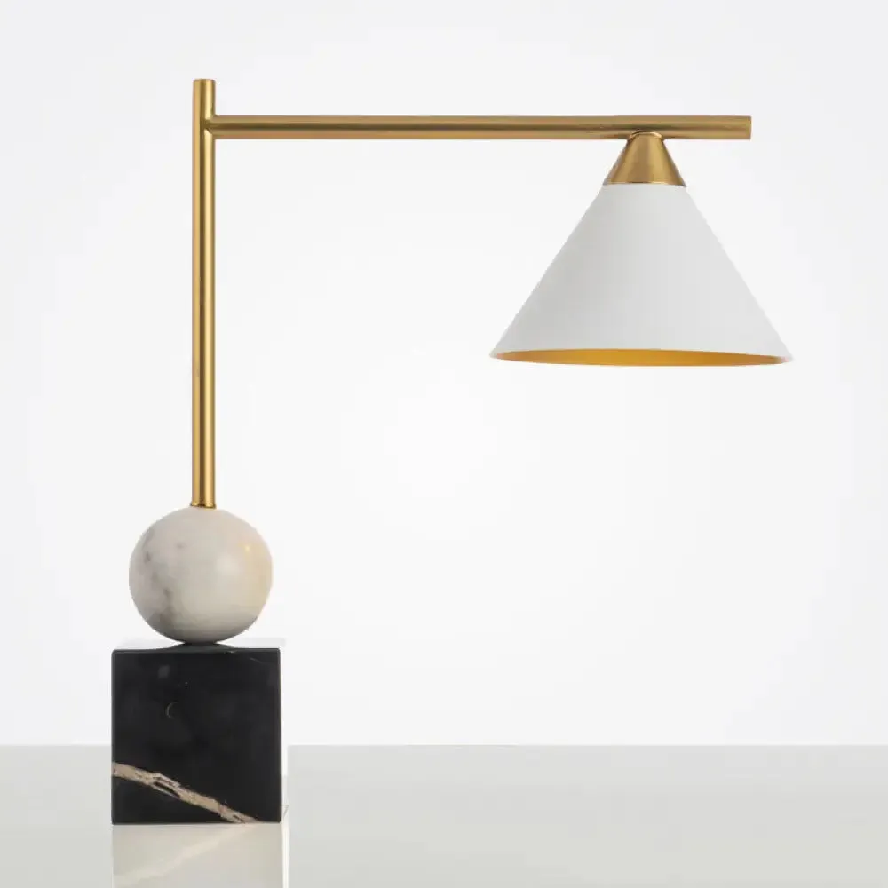 Prudence - Mid Geometric Shaped Nightstand Light Mid Century Marble 1-Light Bedroom Table Lamp in Black-White-Brass
