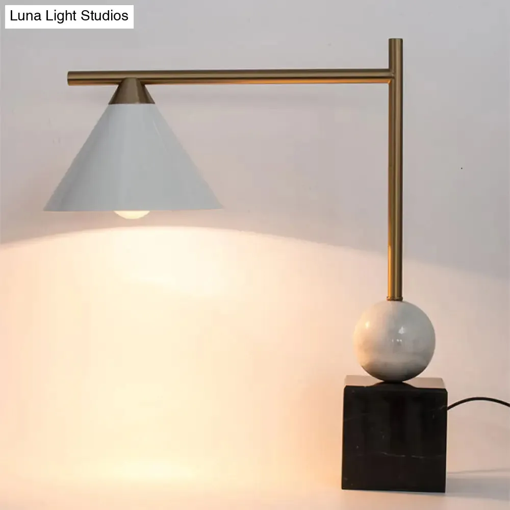 Prudence - Mid Geometric Shaped Nightstand Light Mid Century Marble 1-Light Bedroom Table Lamp in Black-White-Brass
