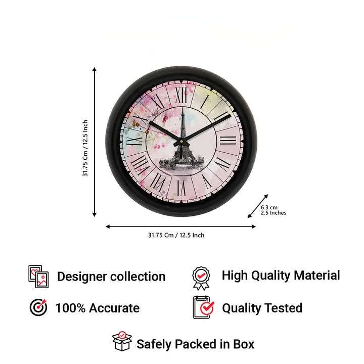"Eiffel Tower" Multicolor Designer Round Analog Black Wall Clock