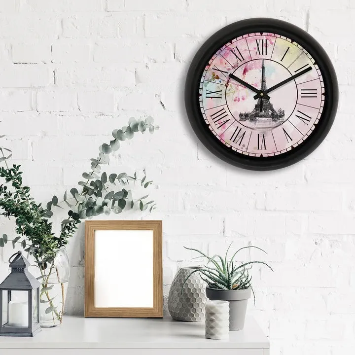 "Eiffel Tower" Multicolor Designer Round Analog Black Wall Clock