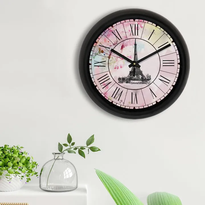 "Eiffel Tower" Multicolor Designer Round Analog Black Wall Clock