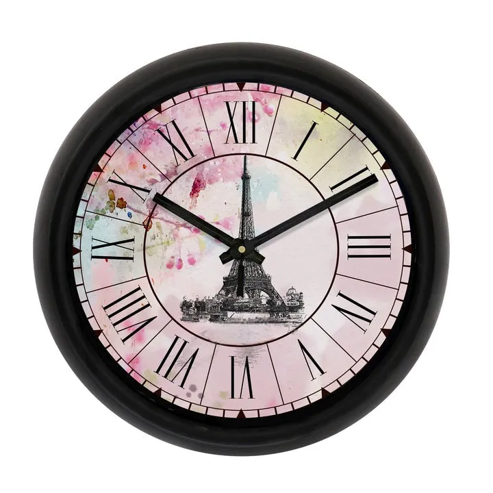 "Eiffel Tower" Multicolor Designer Round Analog Black Wall Clock