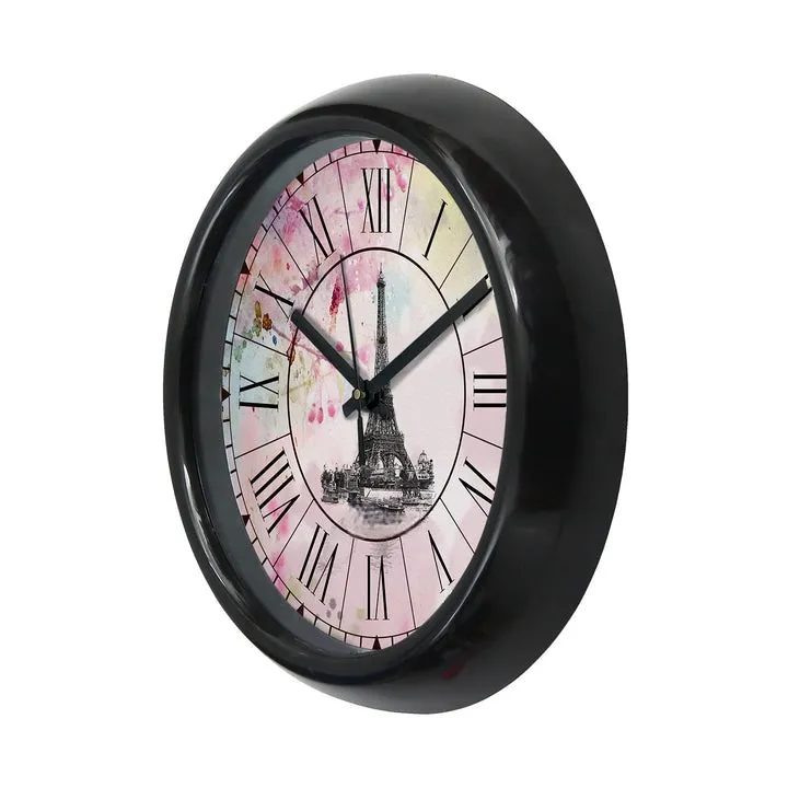 "Eiffel Tower" Multicolor Designer Round Analog Black Wall Clock