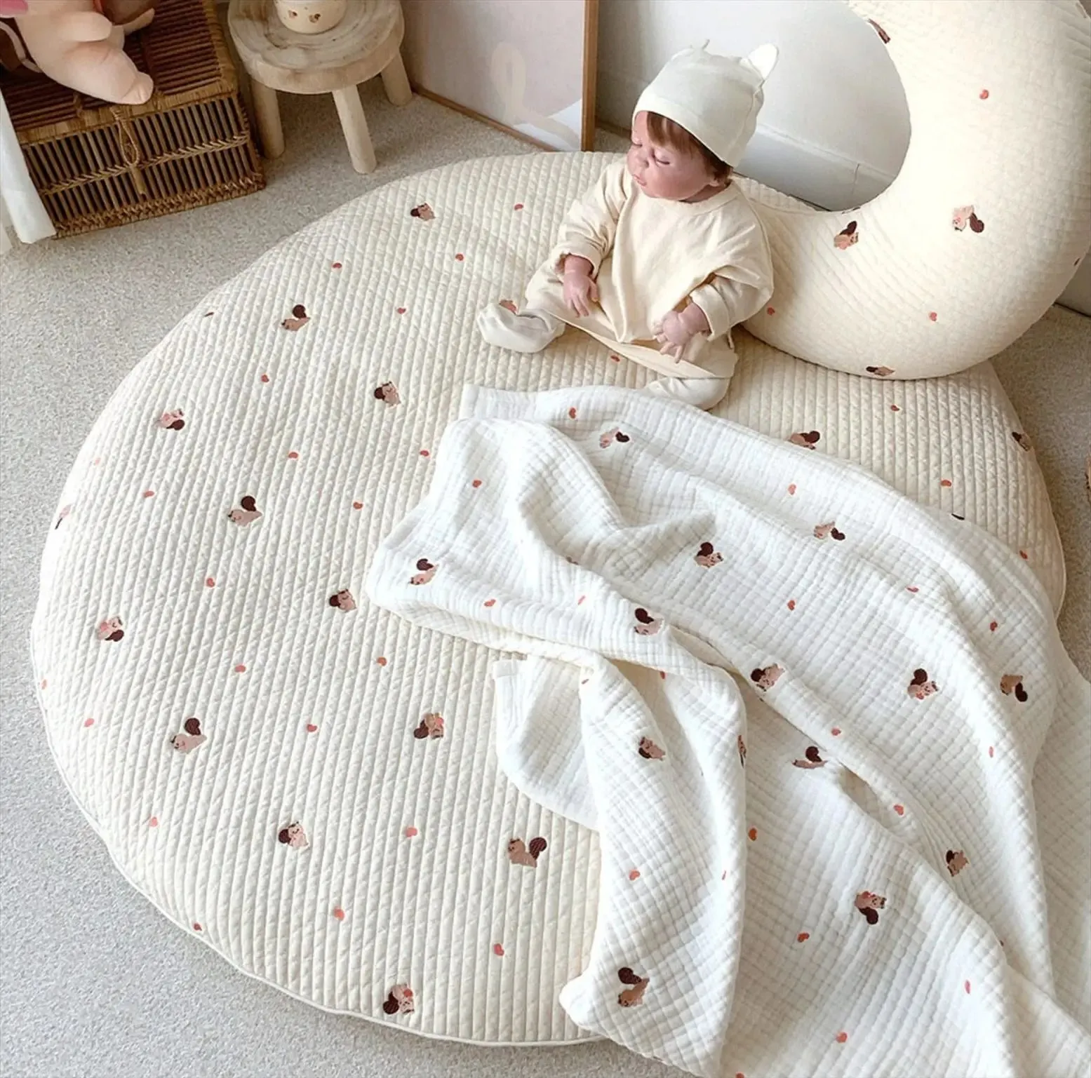 Removable Washable Rabbit Flower Embroidered Rug