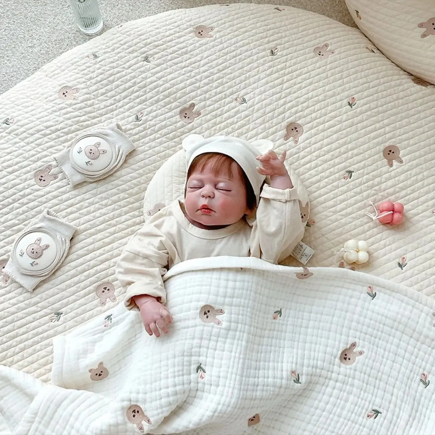 Removable Washable Rabbit Flower Embroidered Rug