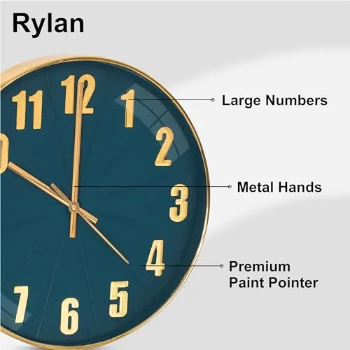 Rylan Wall Clock 12" Silent Quartz Decorative Latest Wall Clock Non-Ticking Classic Clock Battery Operated Round Easy to Read for Room/Home/Kitchen/Bedroom/Office/School.