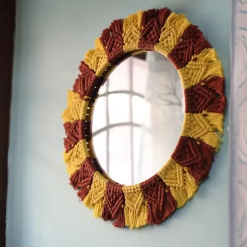 SARMAYA HANDCRAFTED TALES Handmade Yellow and Brown Macrame Mirror