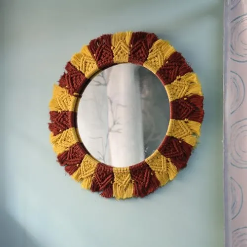 SARMAYA HANDCRAFTED TALES Handmade Yellow and Brown Macrame Mirror