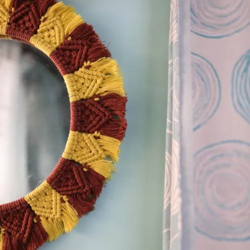 SARMAYA HANDCRAFTED TALES Handmade Yellow and Brown Macrame Mirror