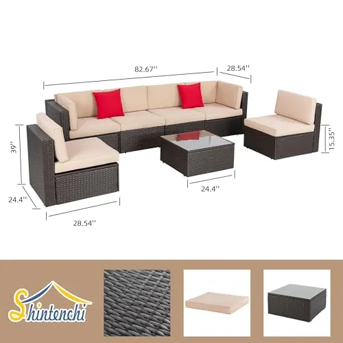 Shintenchi 7 Pieces Patio Furniture Sets Outdoor All-Weather Sectional Patio Sofa Set PE Rattan Manual Weaving Wicker Patio Conversation Set with Glass Table&Ottoman Cushion and Red Pillows, Beige